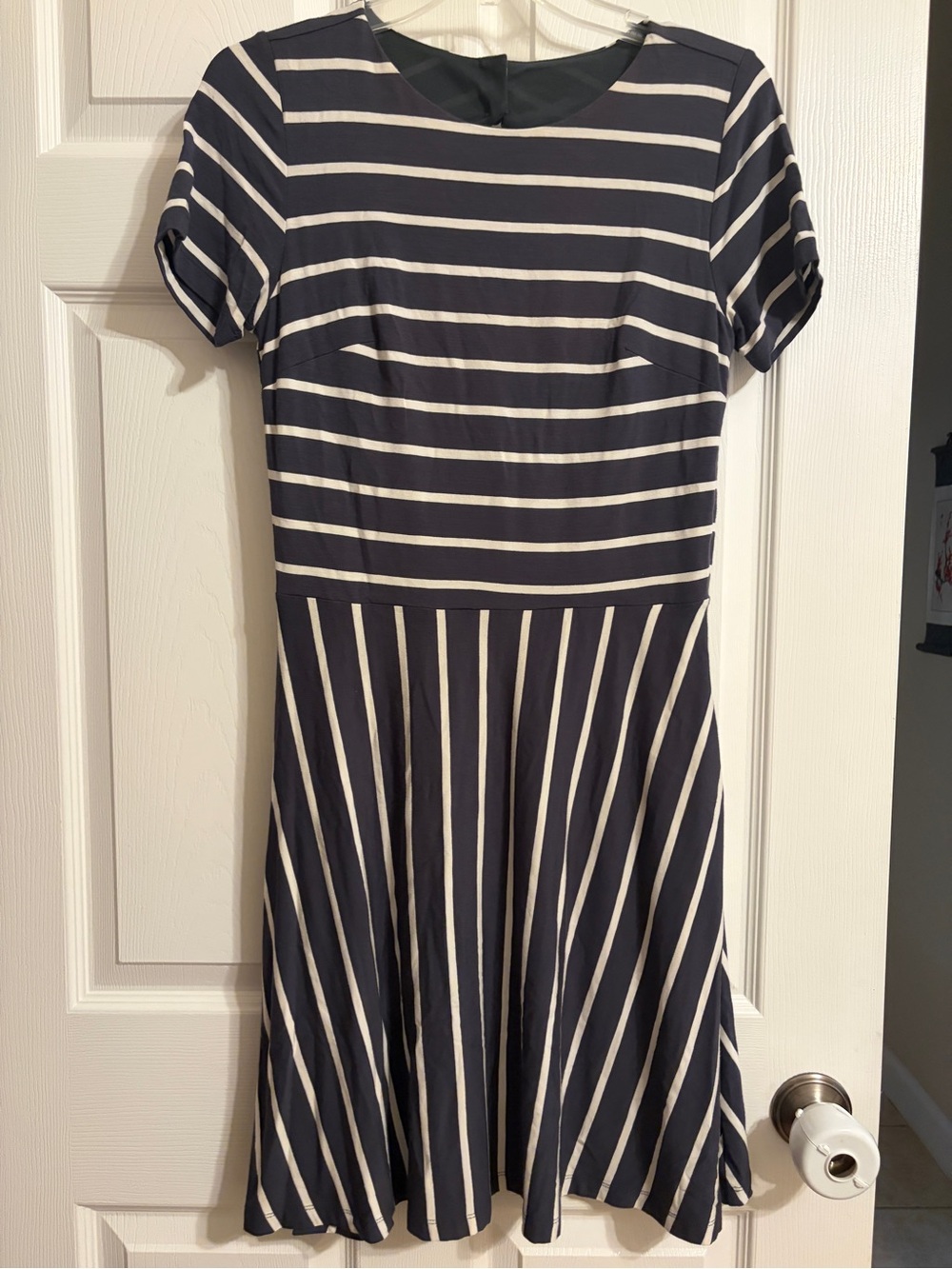 LOFT Gray and White Striped Fit-and-Flare Dress